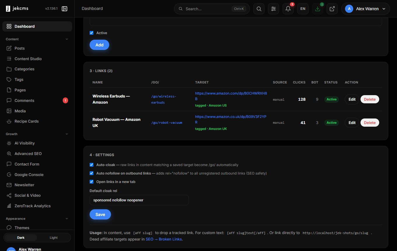 The link list with tagged rows, click counts and their source