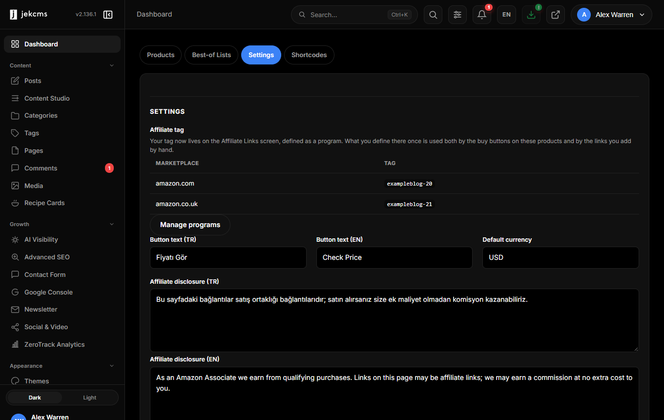 Product Reviews settings showing the programs in use