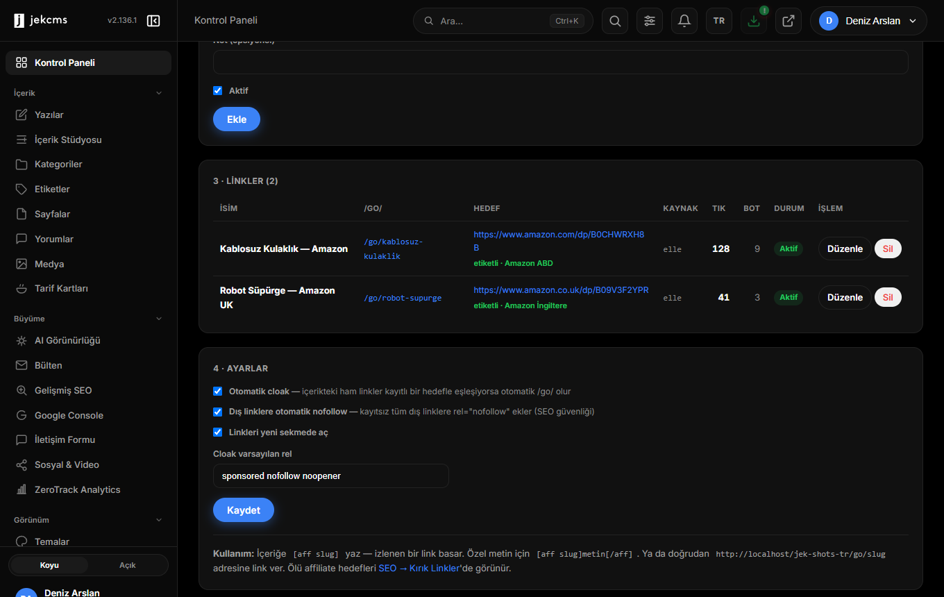 Etiketli satırlar, tıklama sayıları ve kaynağıyla bağlantı listesi