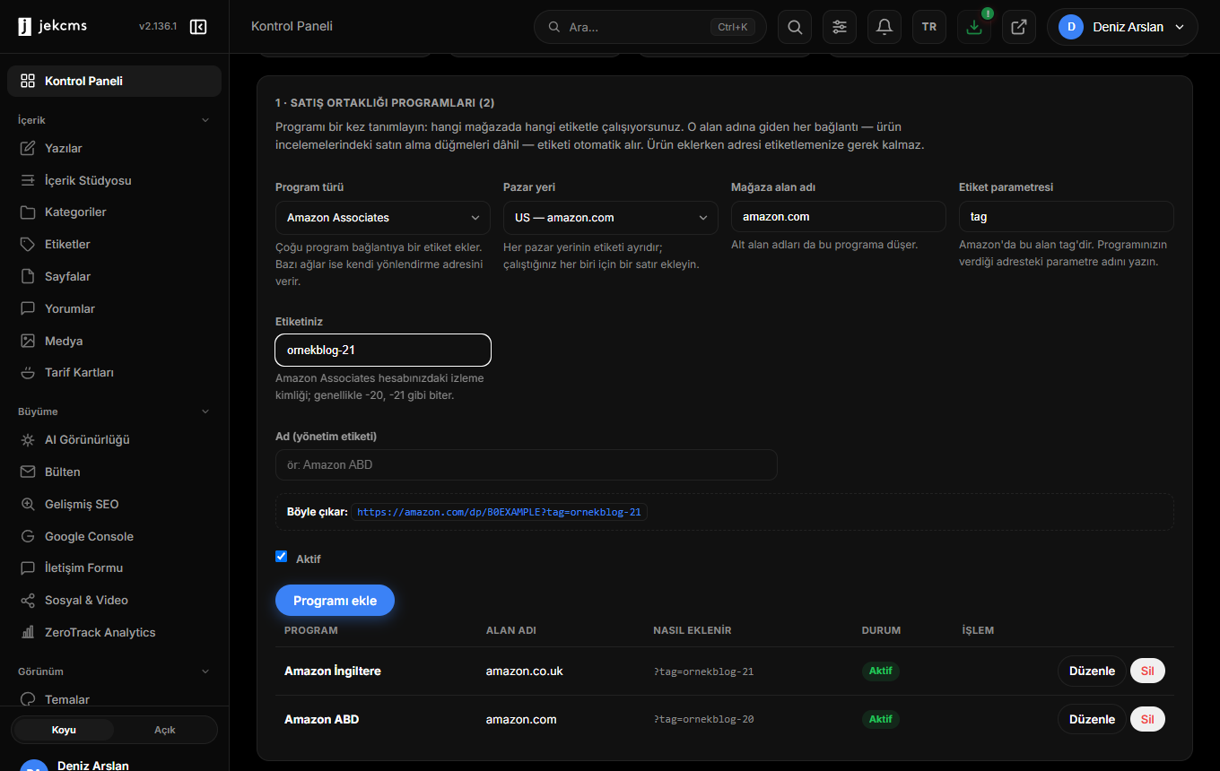 İki Amazon pazar yeri tanımlı Satış ortaklığı programları kartı
