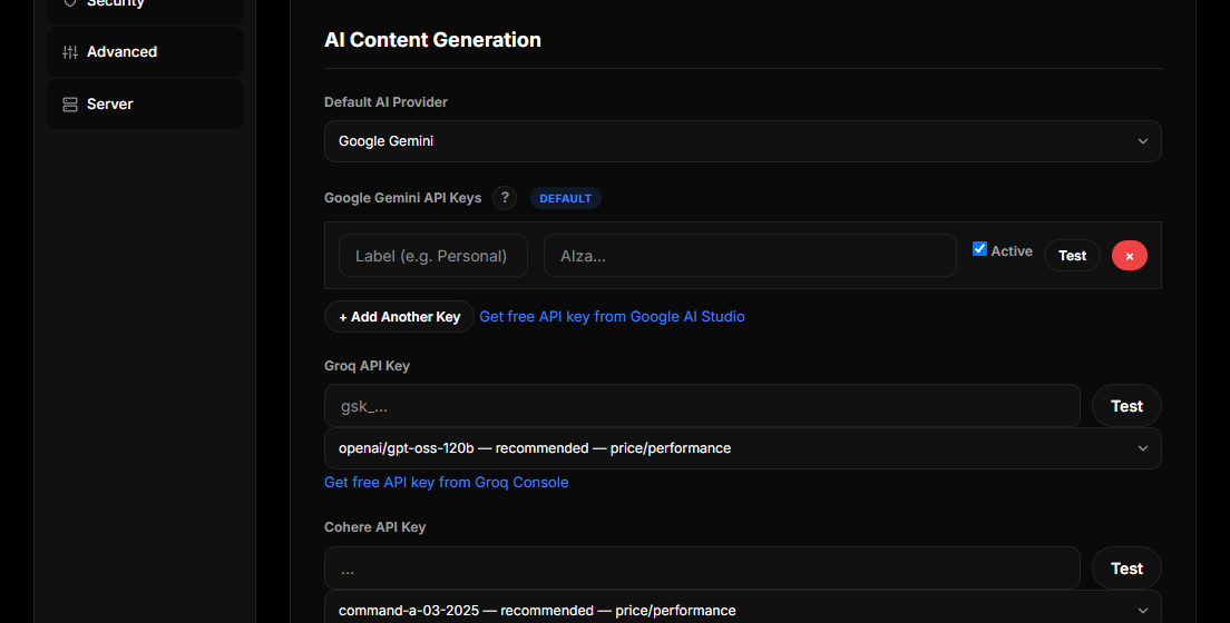 The Google Gemini key rows, with Add Another Key and a Test button per key
