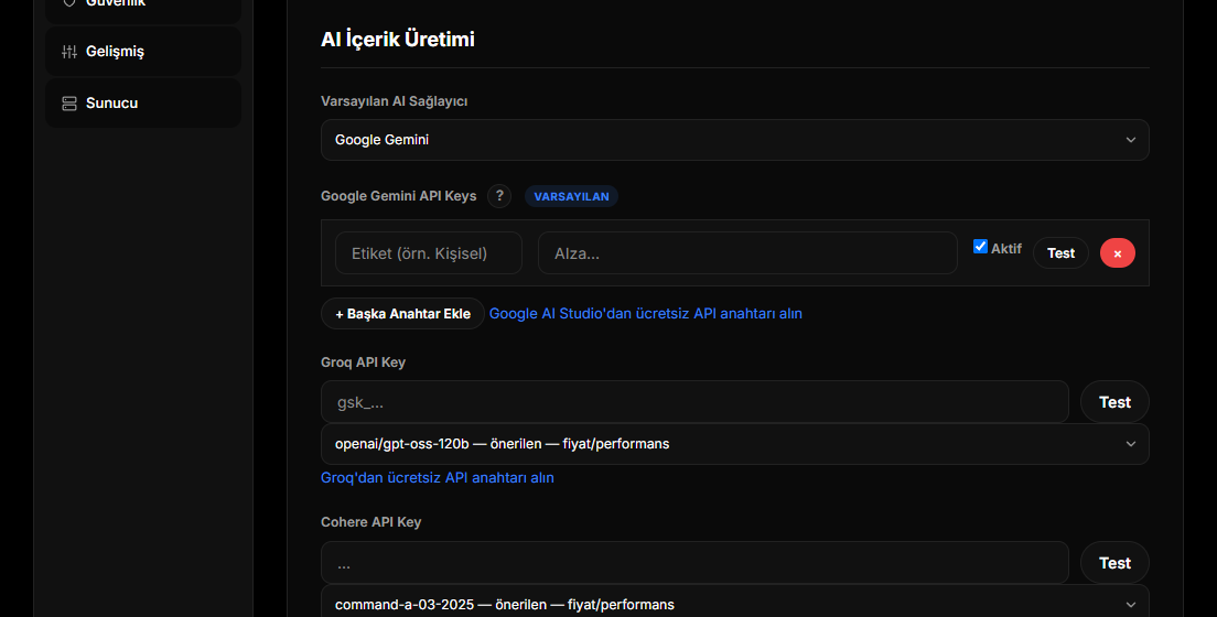 Google Gemini anahtar satırları; Başka Anahtar Ekle ve her anahtar için Test düğmesi
