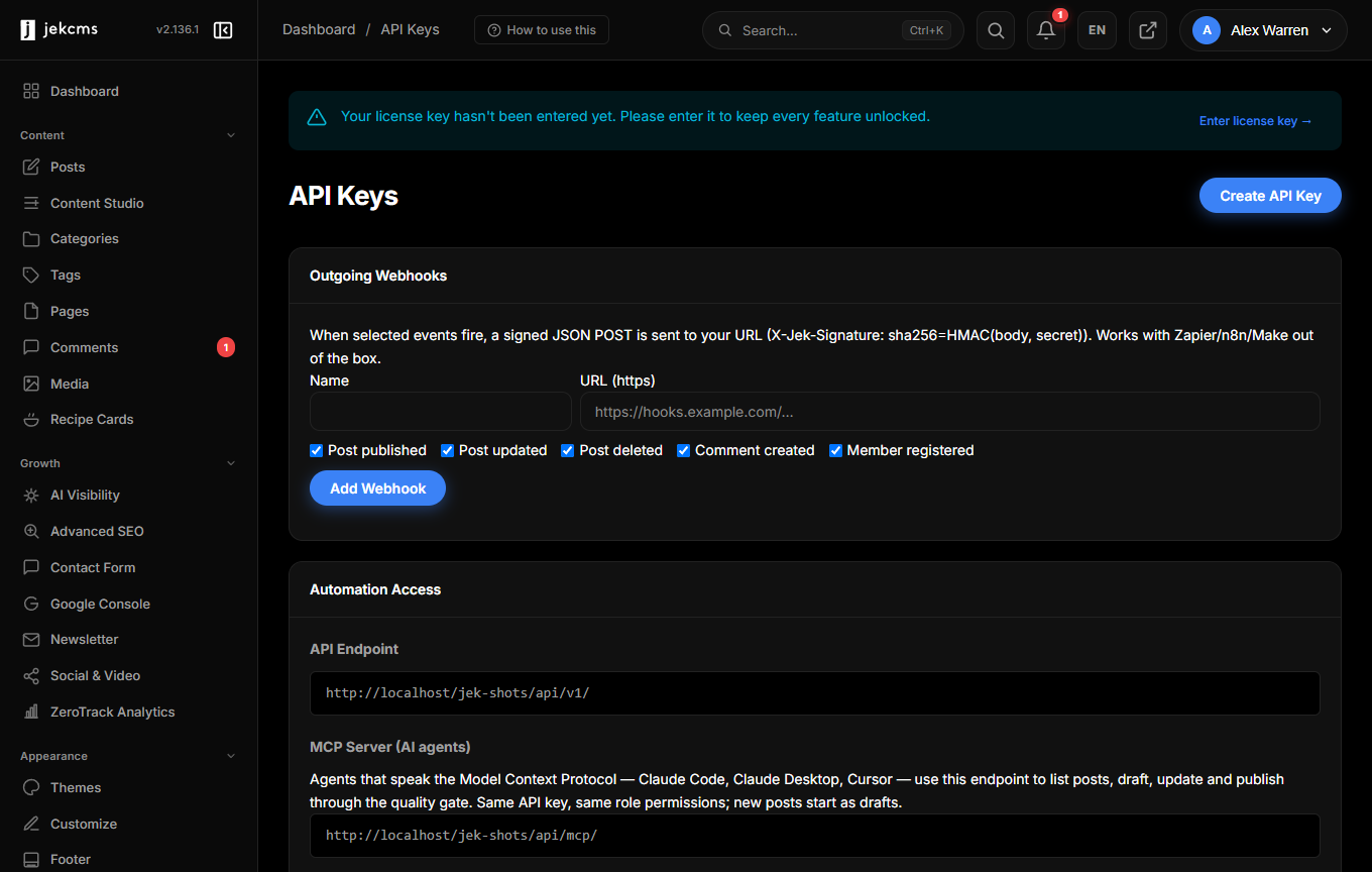The API Keys screen: outgoing webhooks on top, the endpoint addresses below