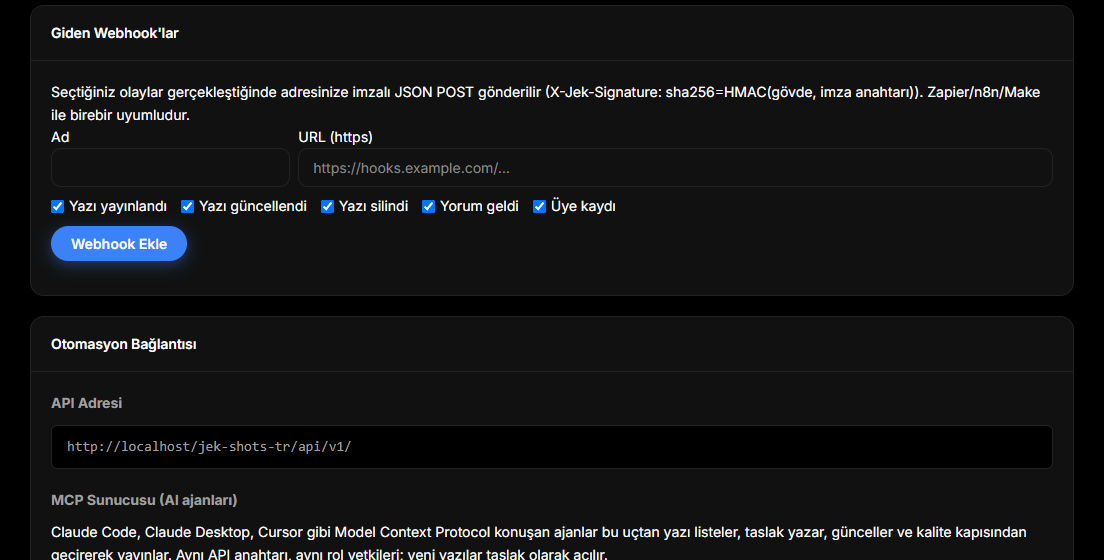 Giden Webhook'lar formu ve gönderebildiği beş olay