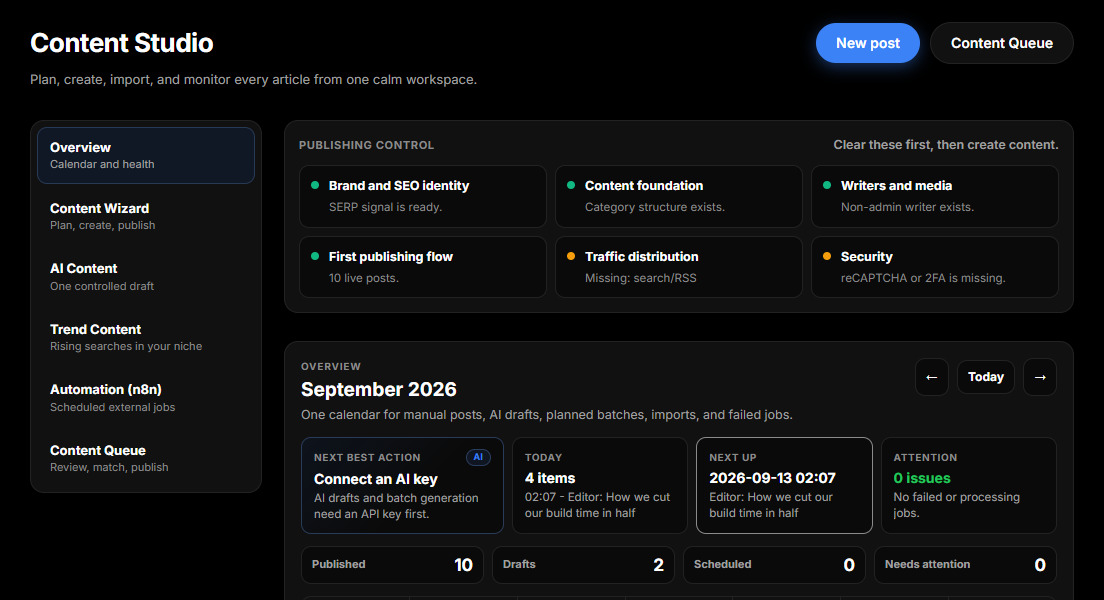The Content Studio overview, with the calendar and job counters