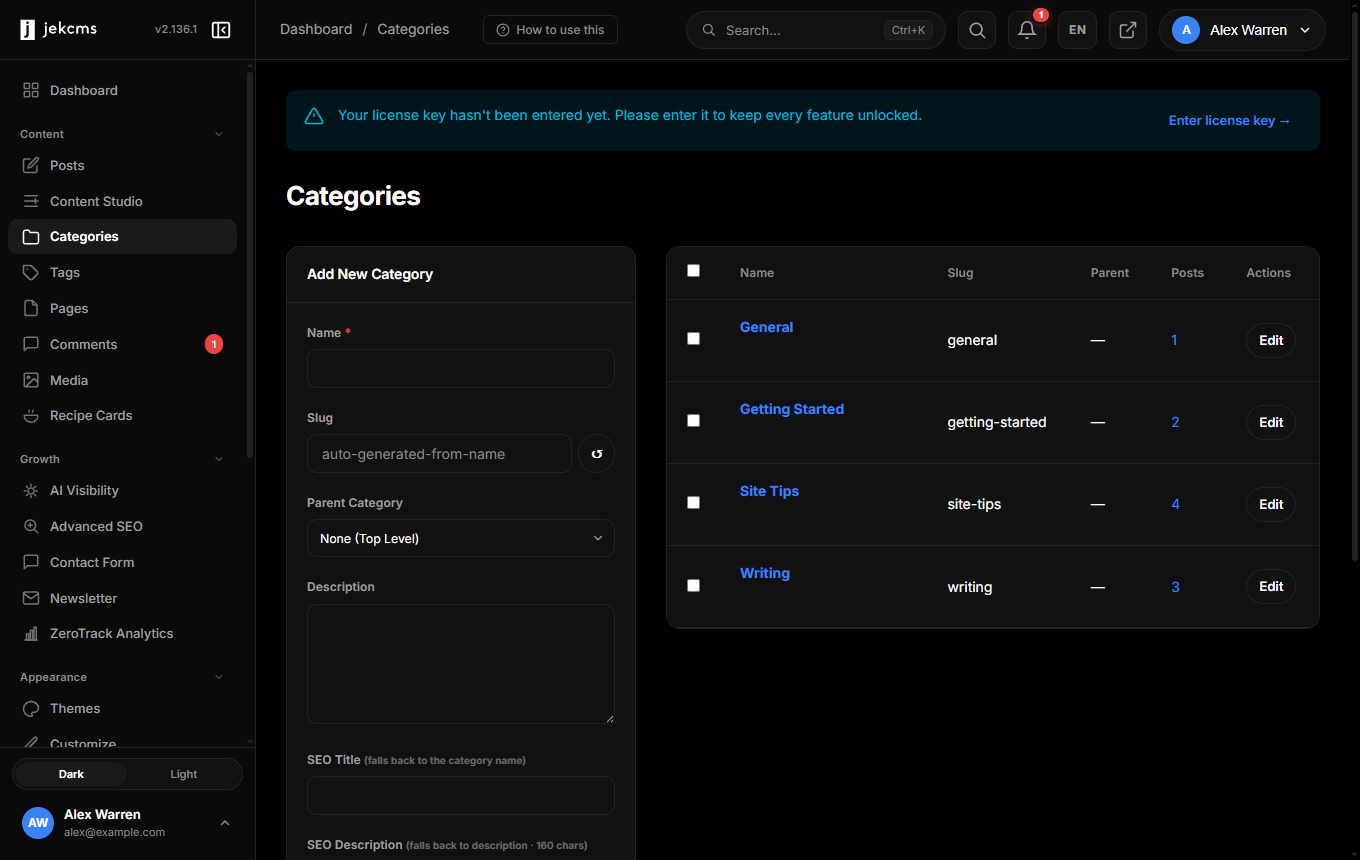 The categories screen: creation form on the left, existing categories with post counts