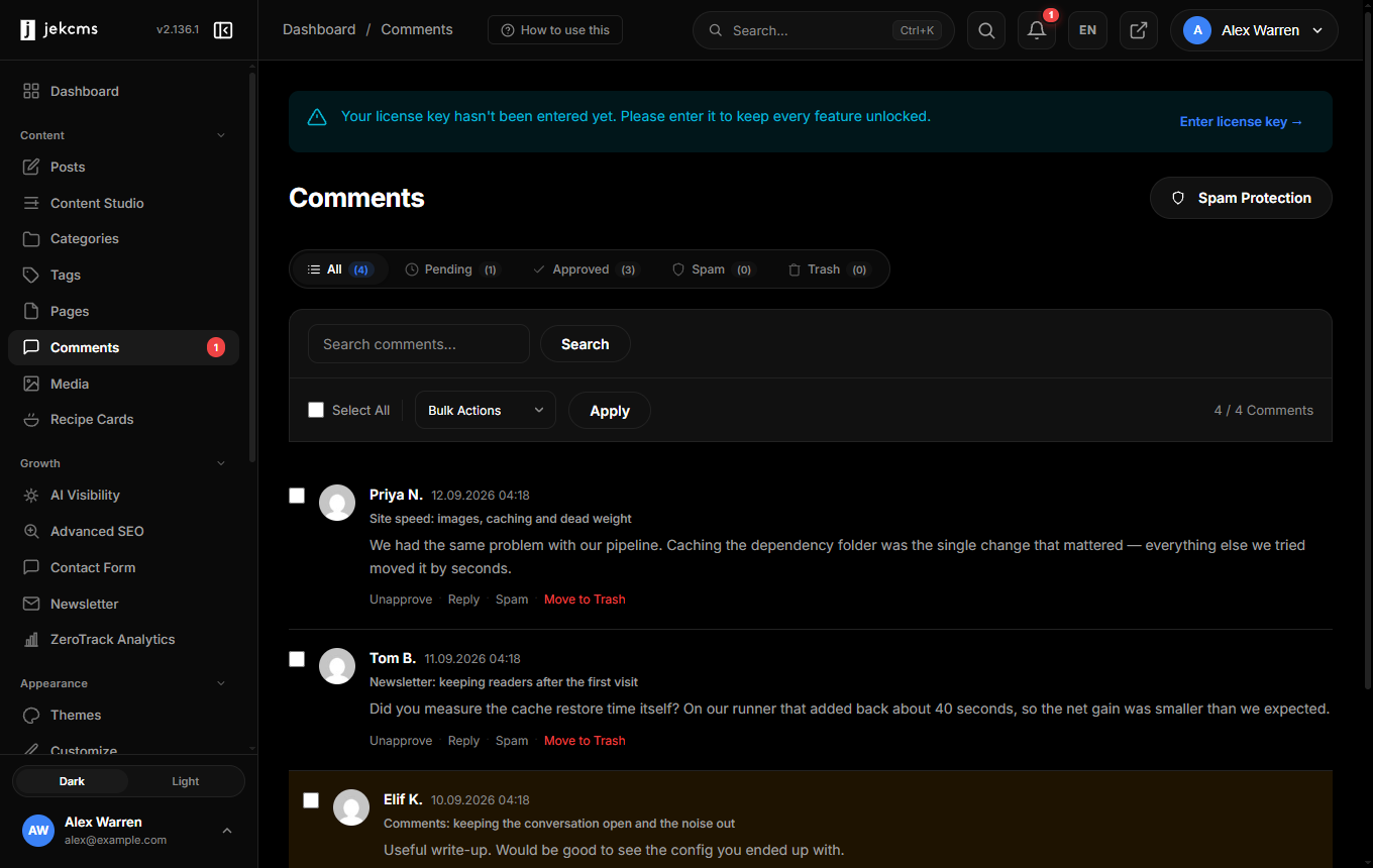 The comments screen with status counts and per-comment actions