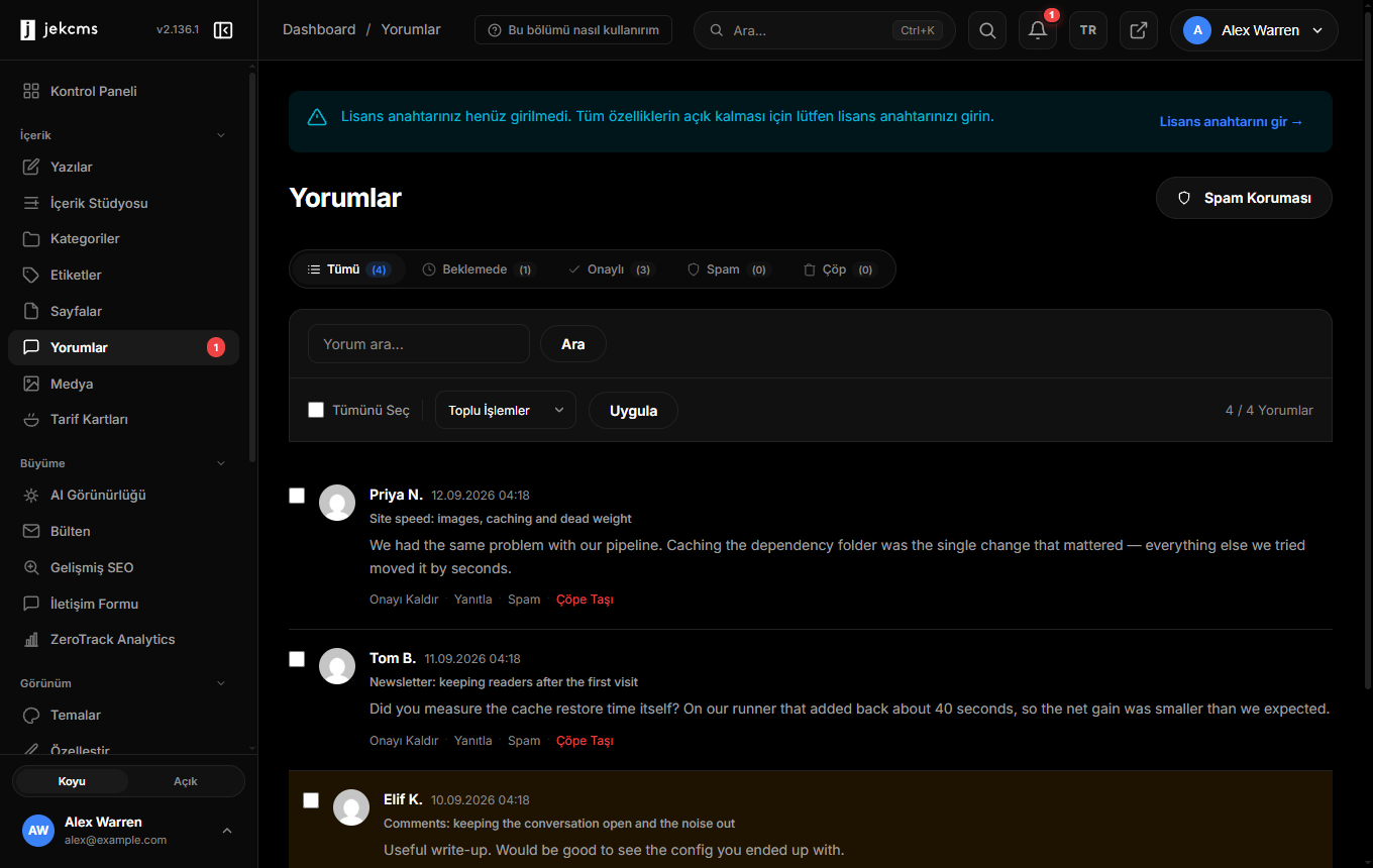 Durum sayıları ve yorum başına işlemlerle yorumlar ekranı