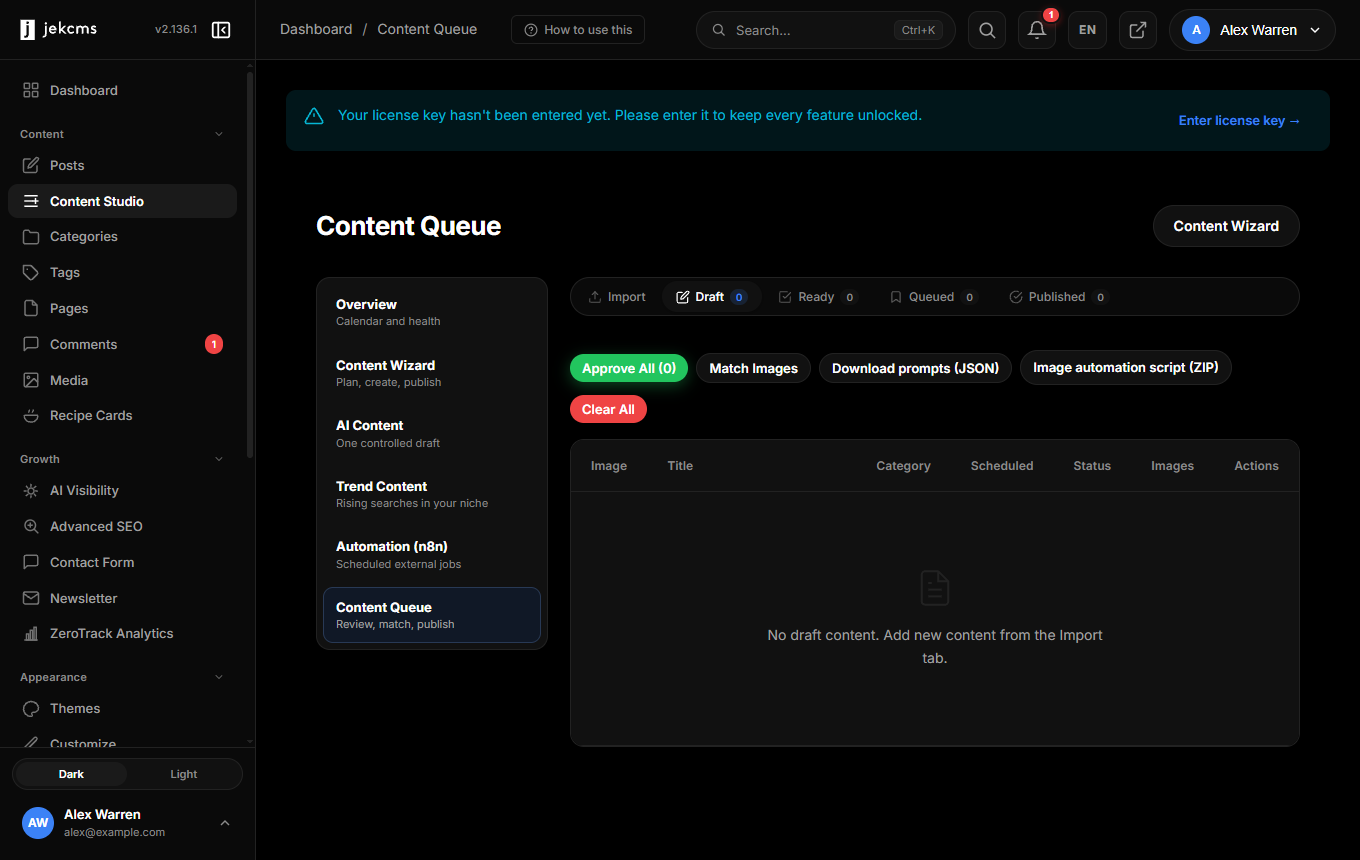 The Content Queue screen