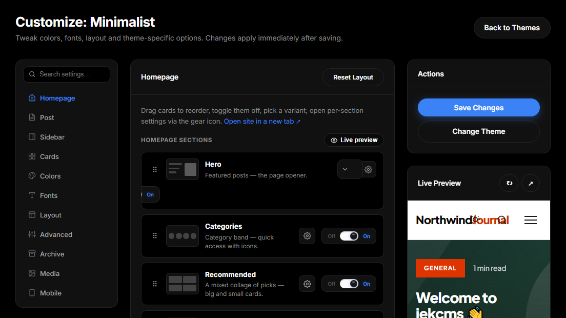 The customizer: section list on the left, settings in the middle, live preview on the right