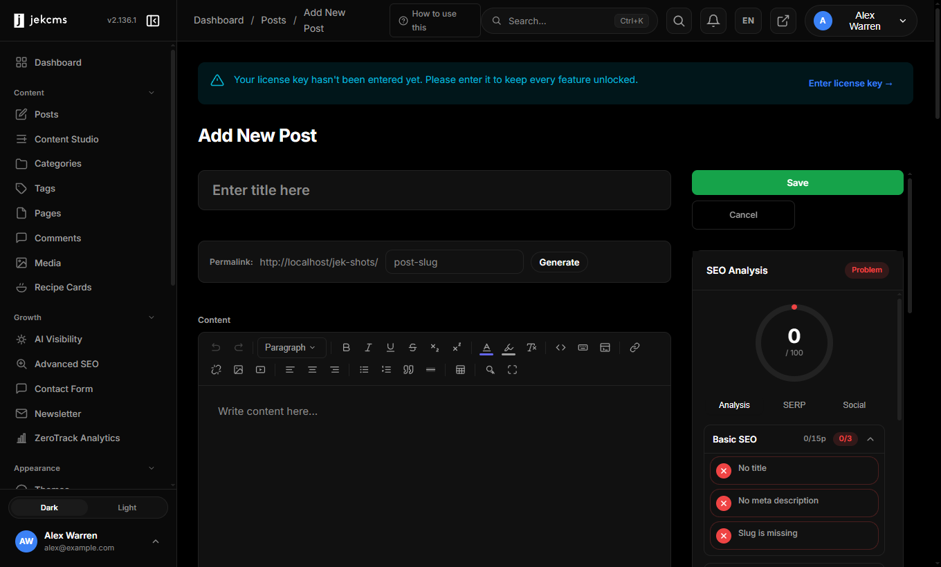 The jekcms post editor before anything is typed