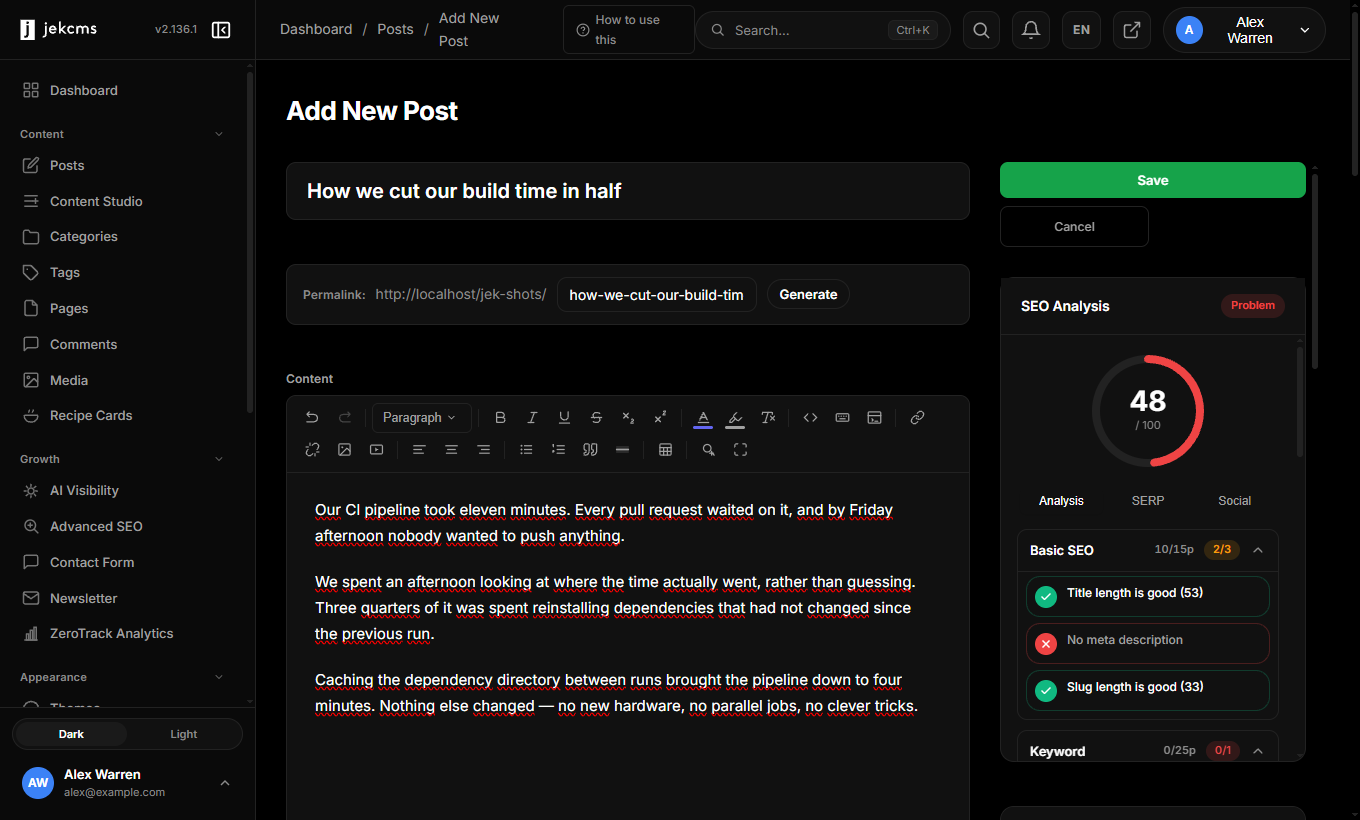 The editor with a title and three paragraphs written, SEO score at 48