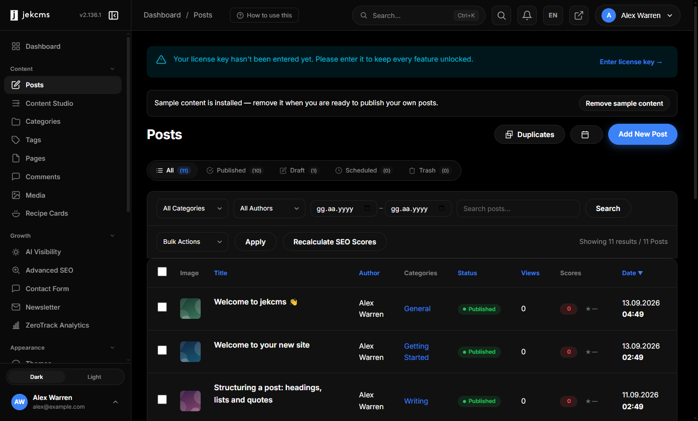The posts list with the new article in it