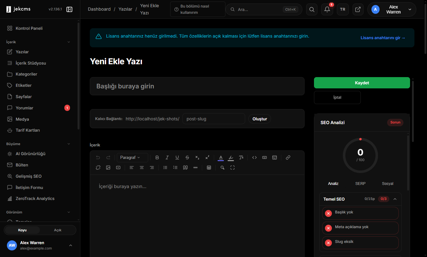 Hiçbir şey yazılmadan önce jekcms yazı editörü