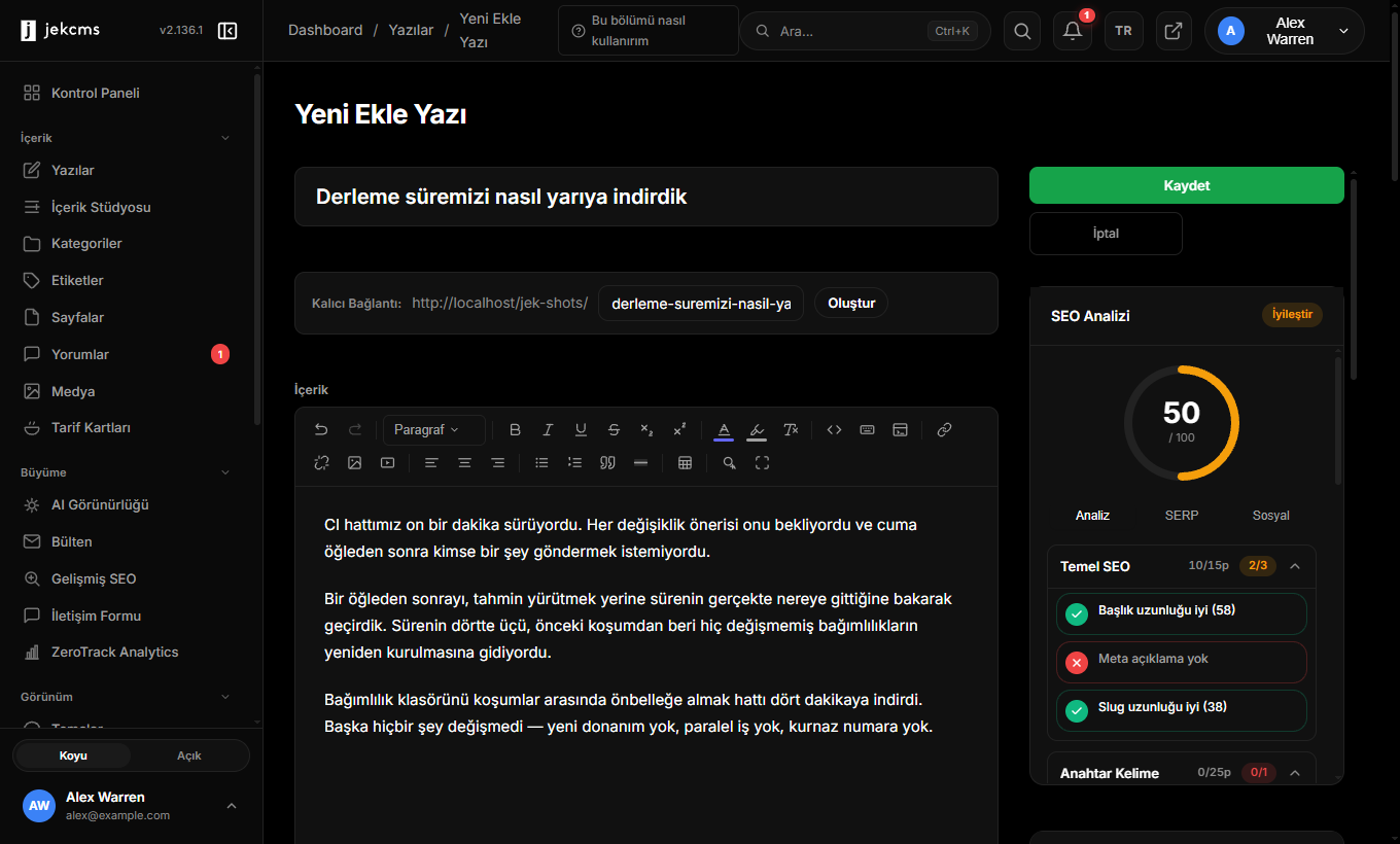 Başlık ve üç paragraf yazılmış editör, SEO puanı 48