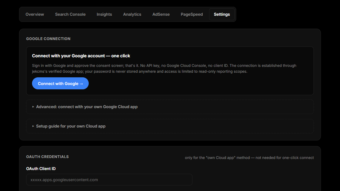 The Google Console plugin's Settings tab, offering one-click connect