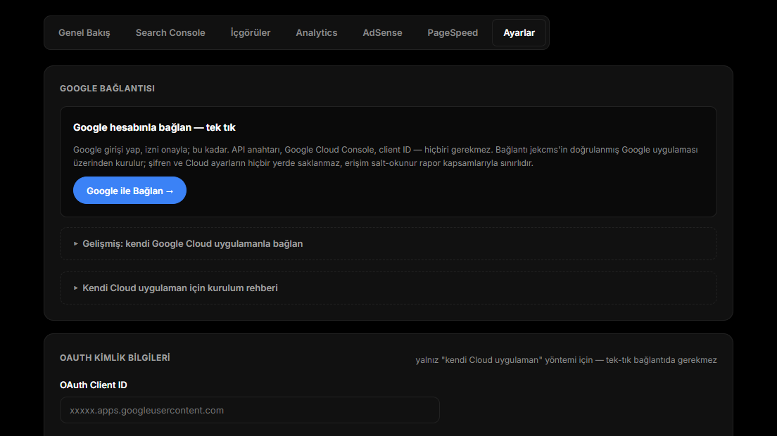 Google Console eklentisinin Ayarlar sekmesi; tek tıkla bağlanma seçeneği