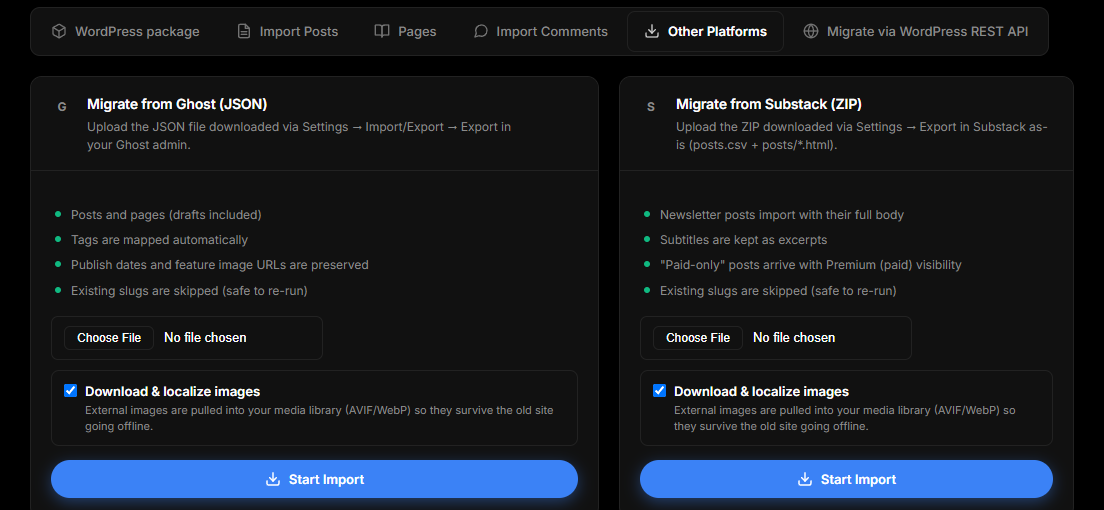 The Other Platforms tab of the jekcms import screen, showing the Ghost and Substack cards