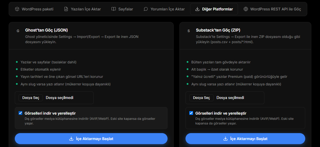 jekcms içe aktarma ekranının Diğer Platformlar sekmesi; Ghost ve Substack kartları görünüyor