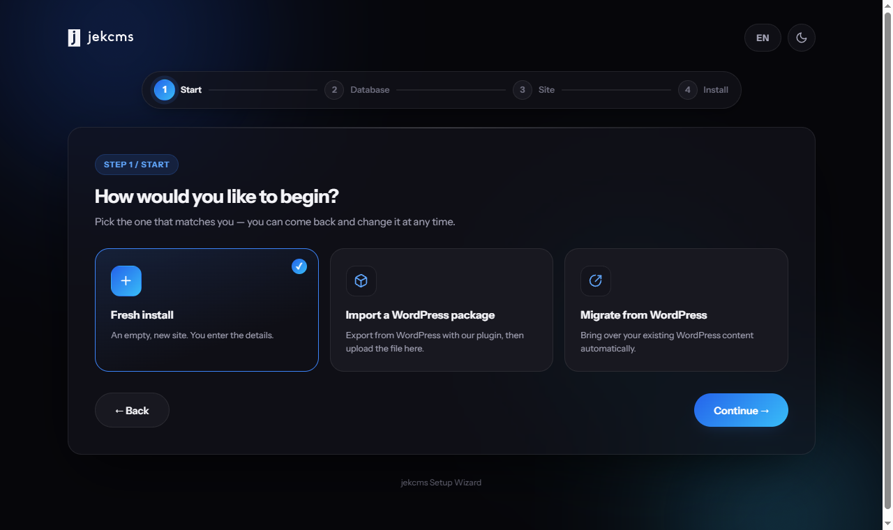 The jekcms setup wizard asking how you want to begin