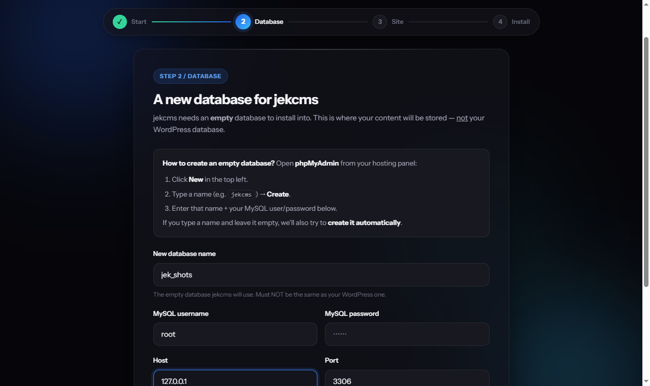 Entering the jekcms database credentials