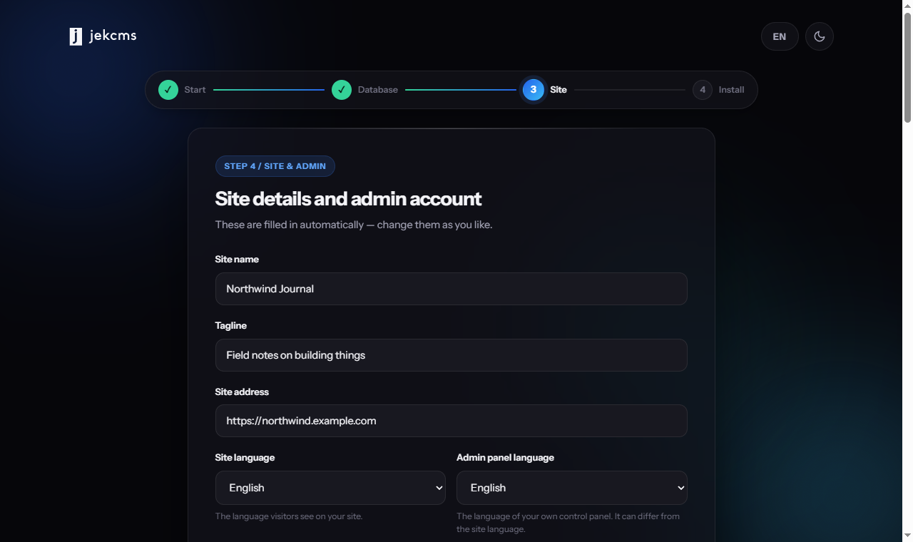 Site name, tagline, address, languages, theme, and admin account