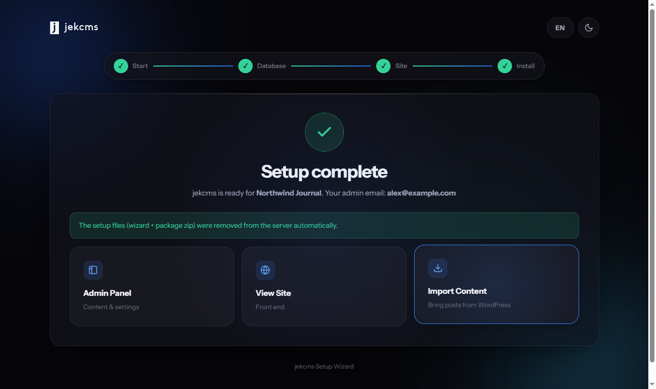 The completion screen with links to the admin panel and the live site