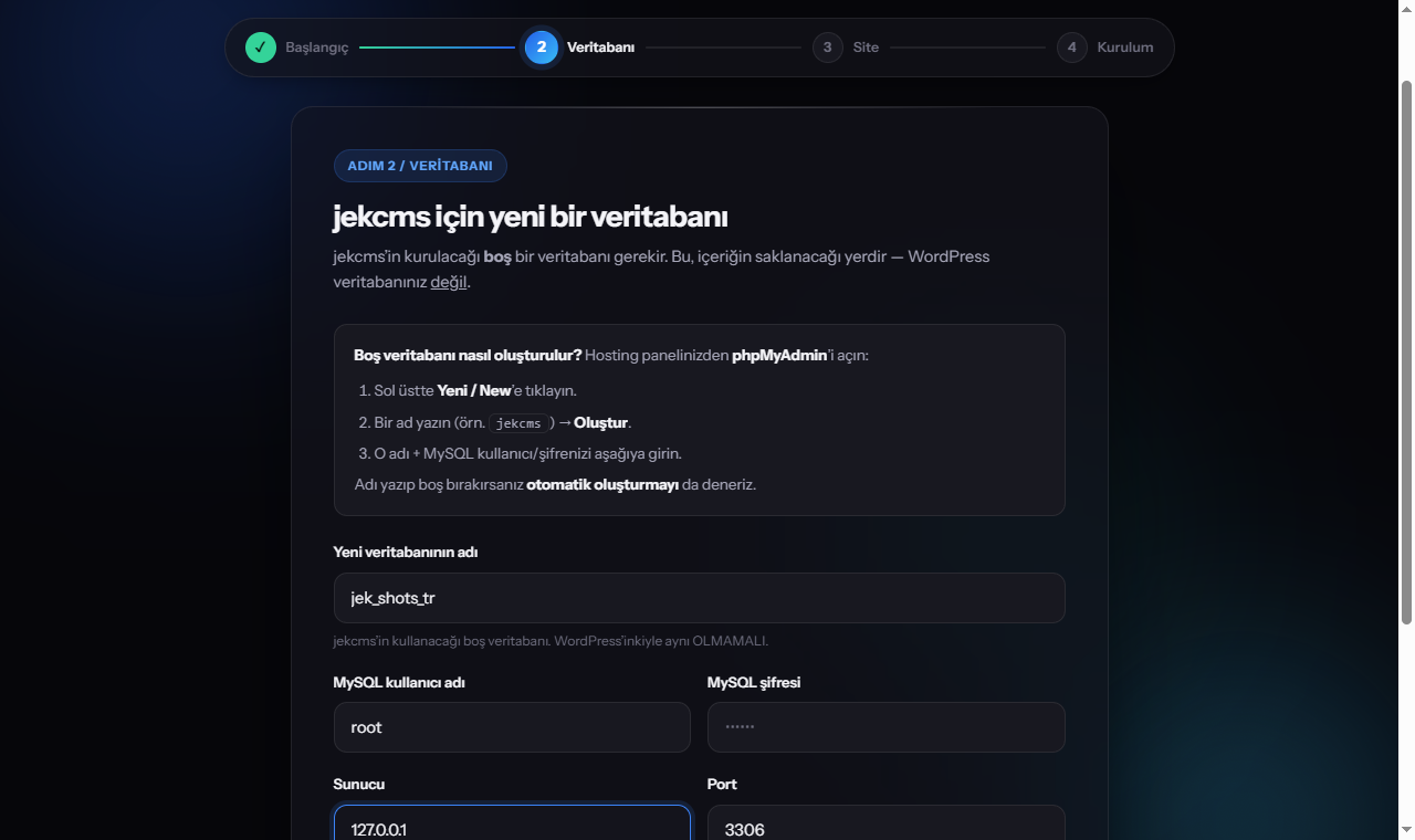 jekcms veritabanı bilgilerinin girilmesi