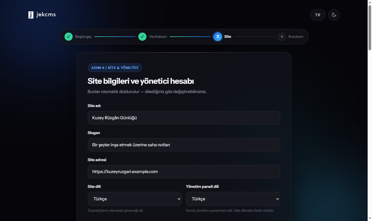 Site adı, slogan, adres, diller, tema ve yönetici hesabı