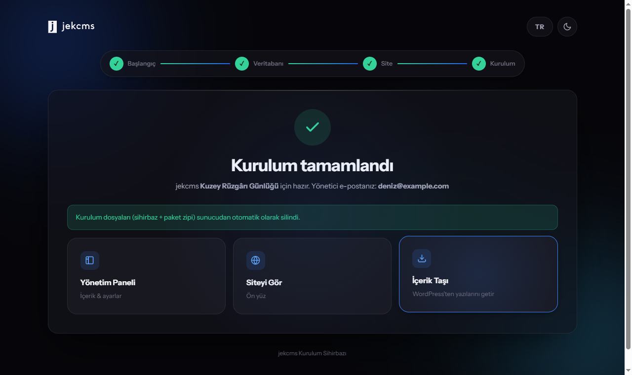 Yönetim paneline ve siteye giden bağlantıların olduğu bitiş ekranı