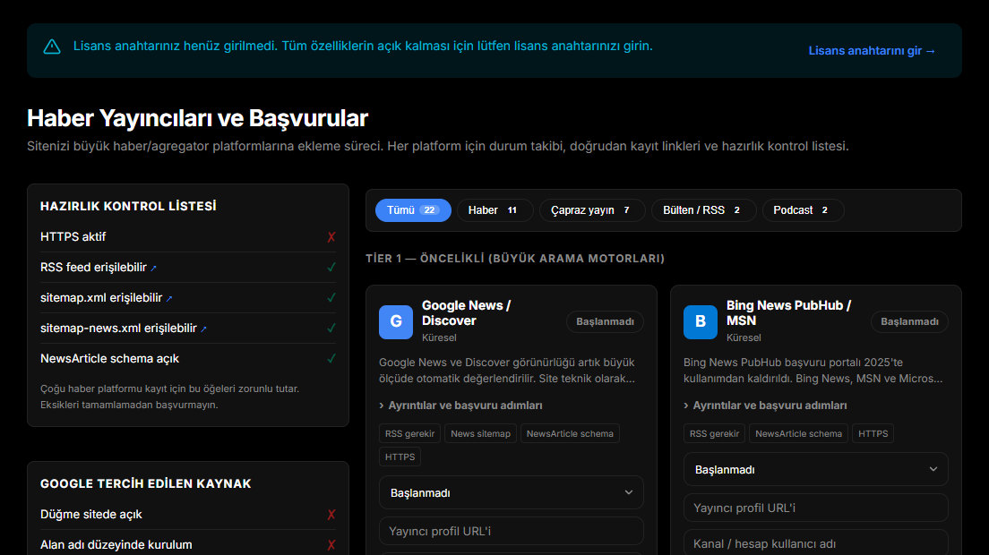 Haber Yayıncıları ekranı, solda hazırlık kontrol listesiyle
