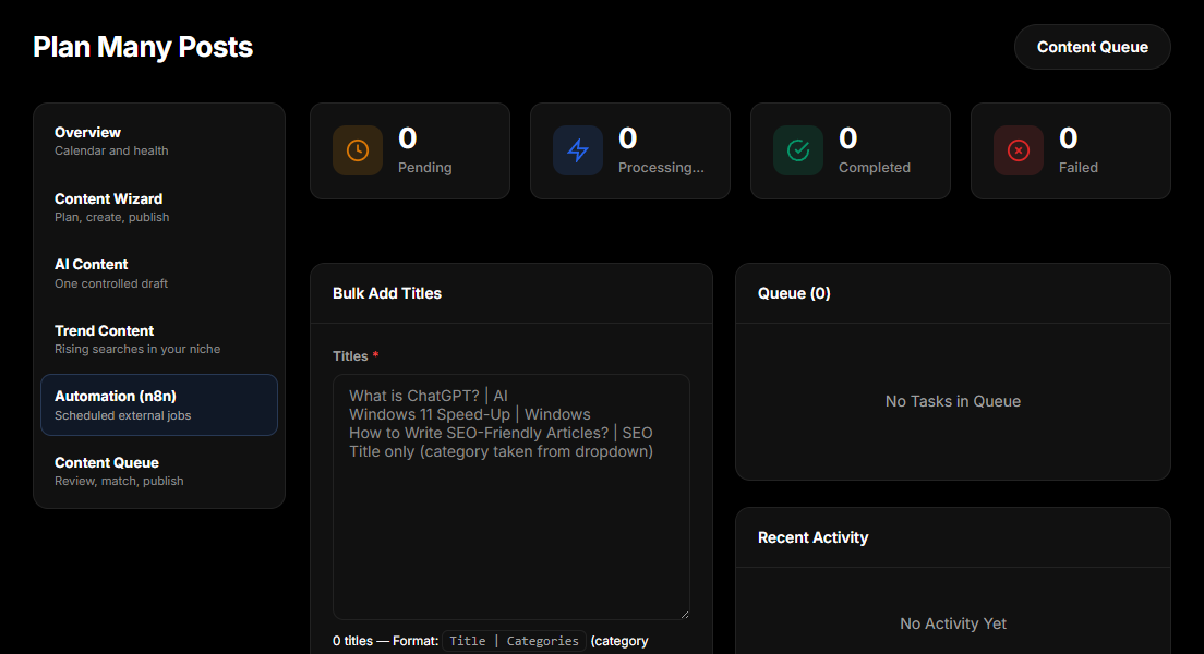 The Plan Many Posts screen, with the title box and the queue beside it