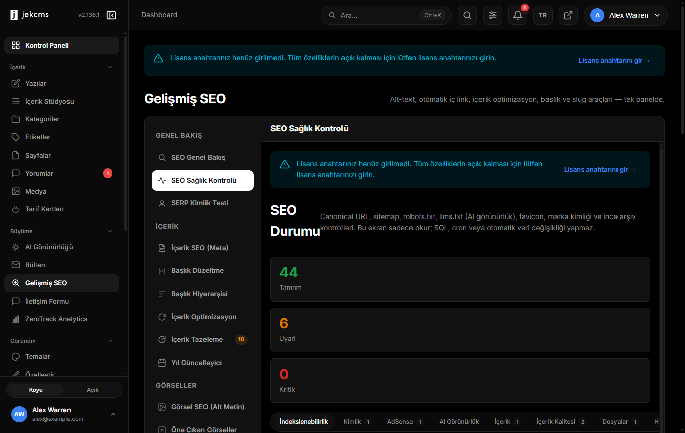 Gelişmiş SEO paneli, araçları arasında sağlık kontrolüyle