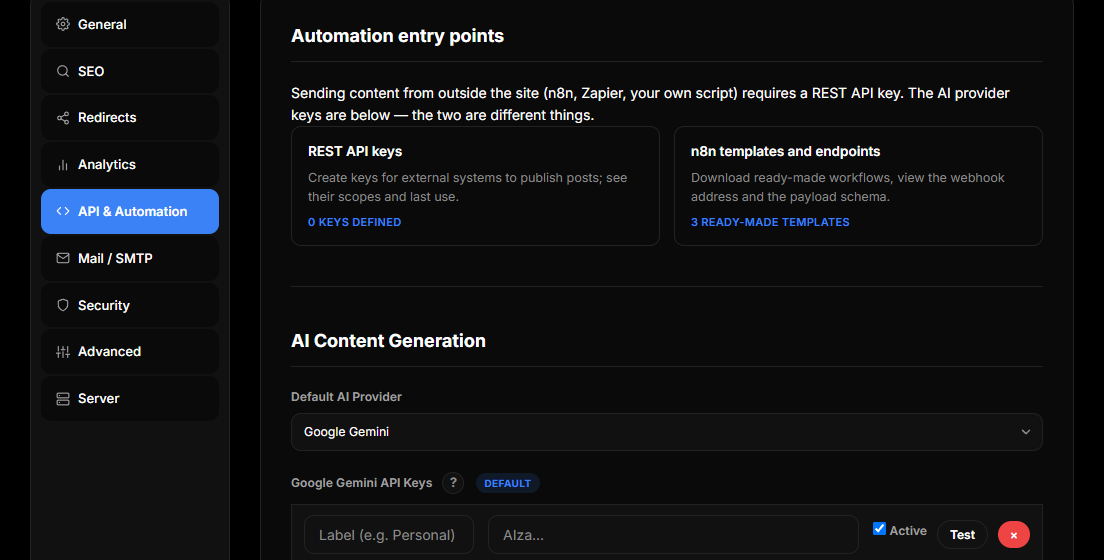 The API & Automation tab of jekcms settings