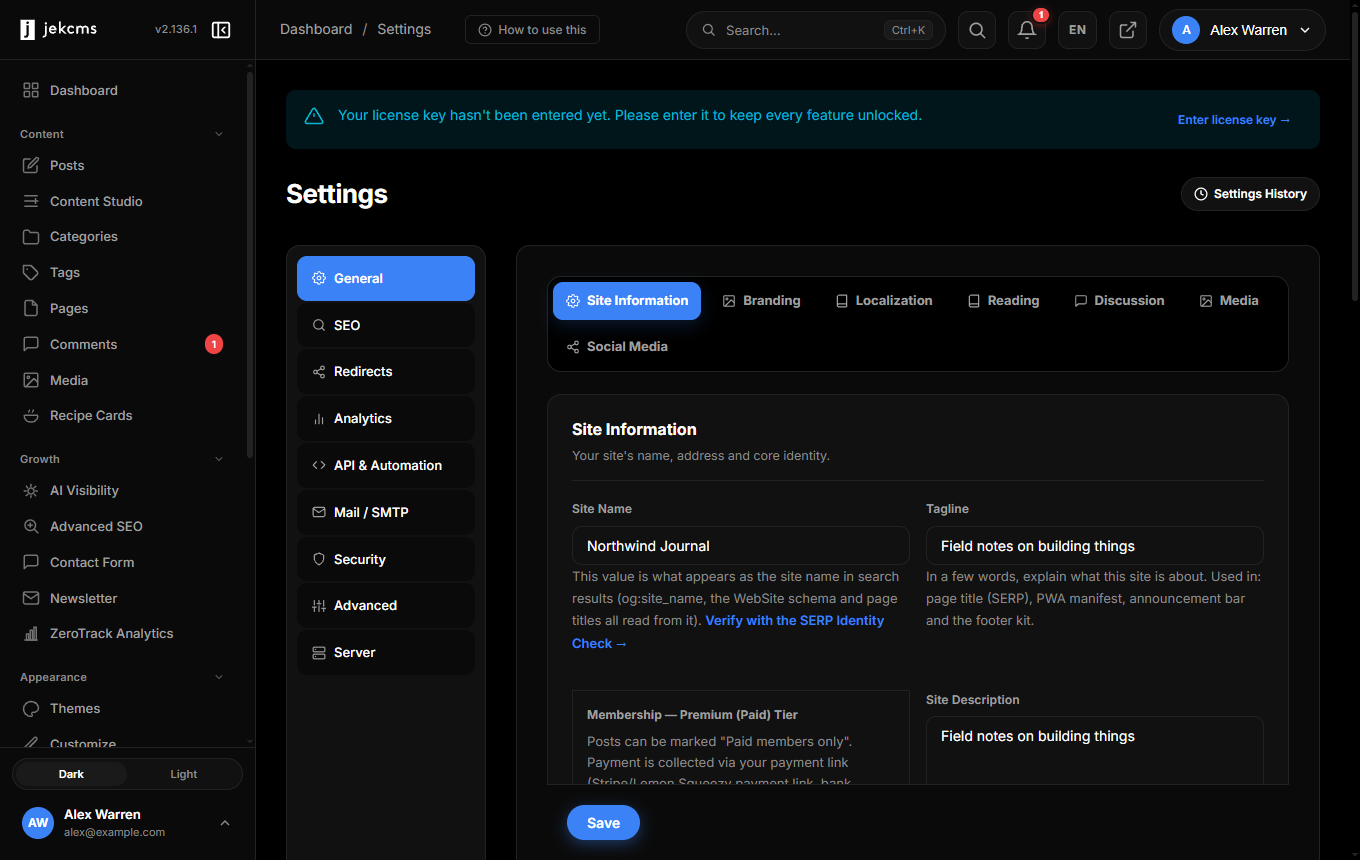 The jekcms settings screen, General tab