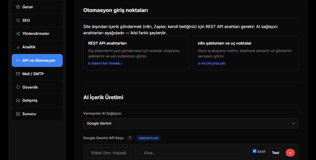 jekcms ayarlarındaki API ve Otomasyon sekmesi