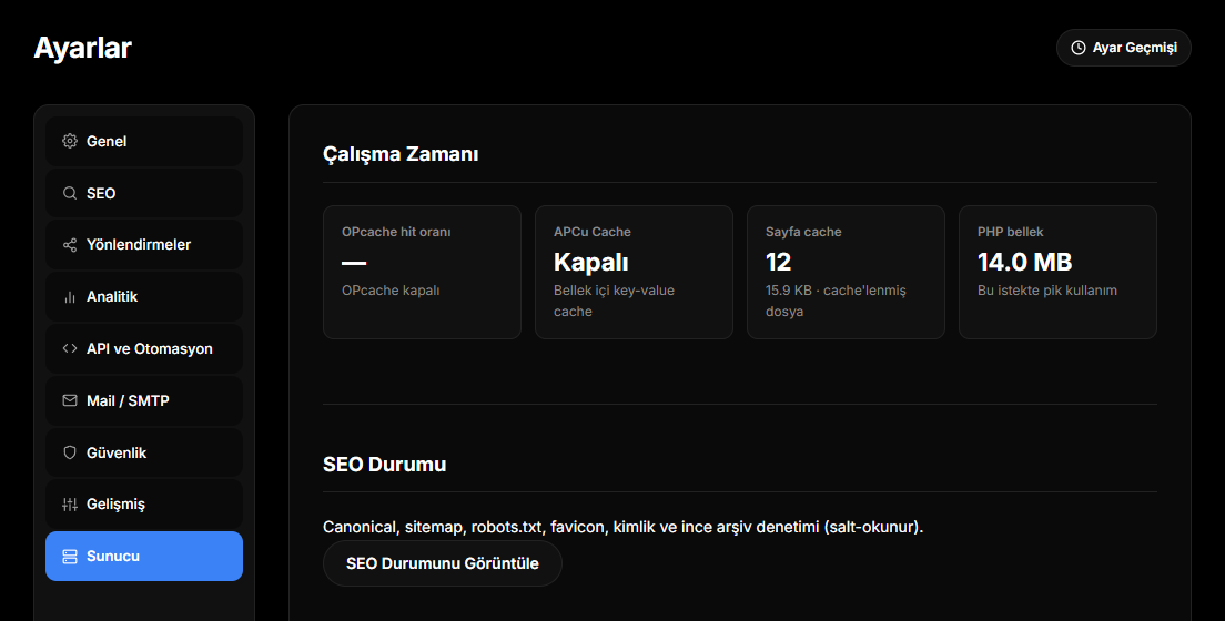 Ayarların Sunucu sekmesi; çalışma zamanı sayıları görülüyor