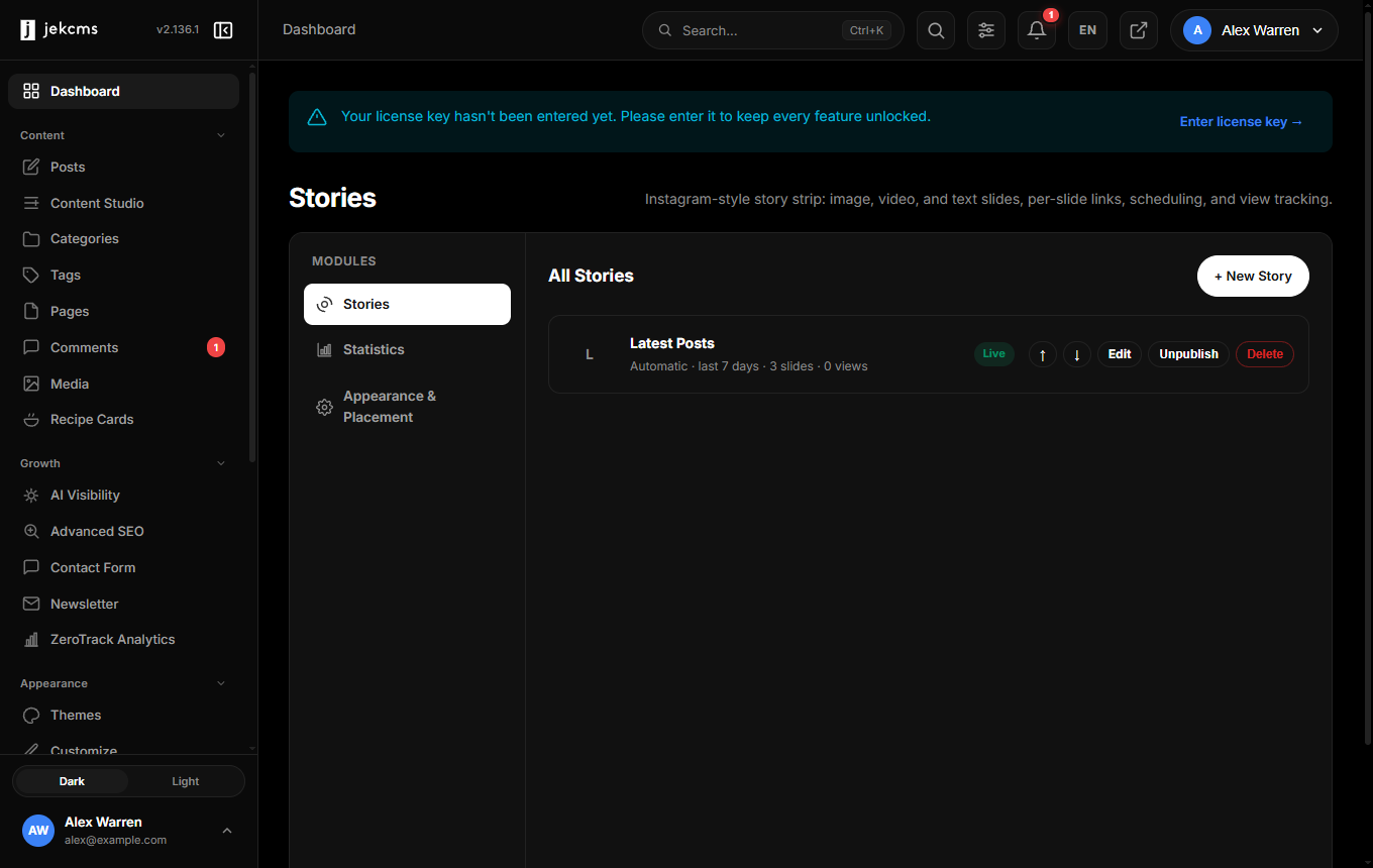 The stories admin screen
