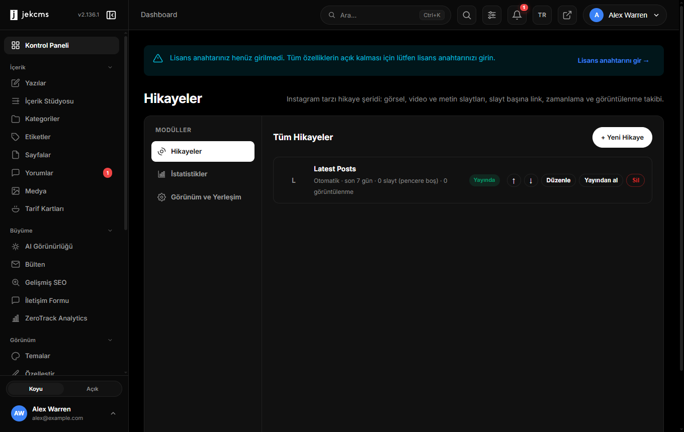Hikâyeler yönetim ekranı