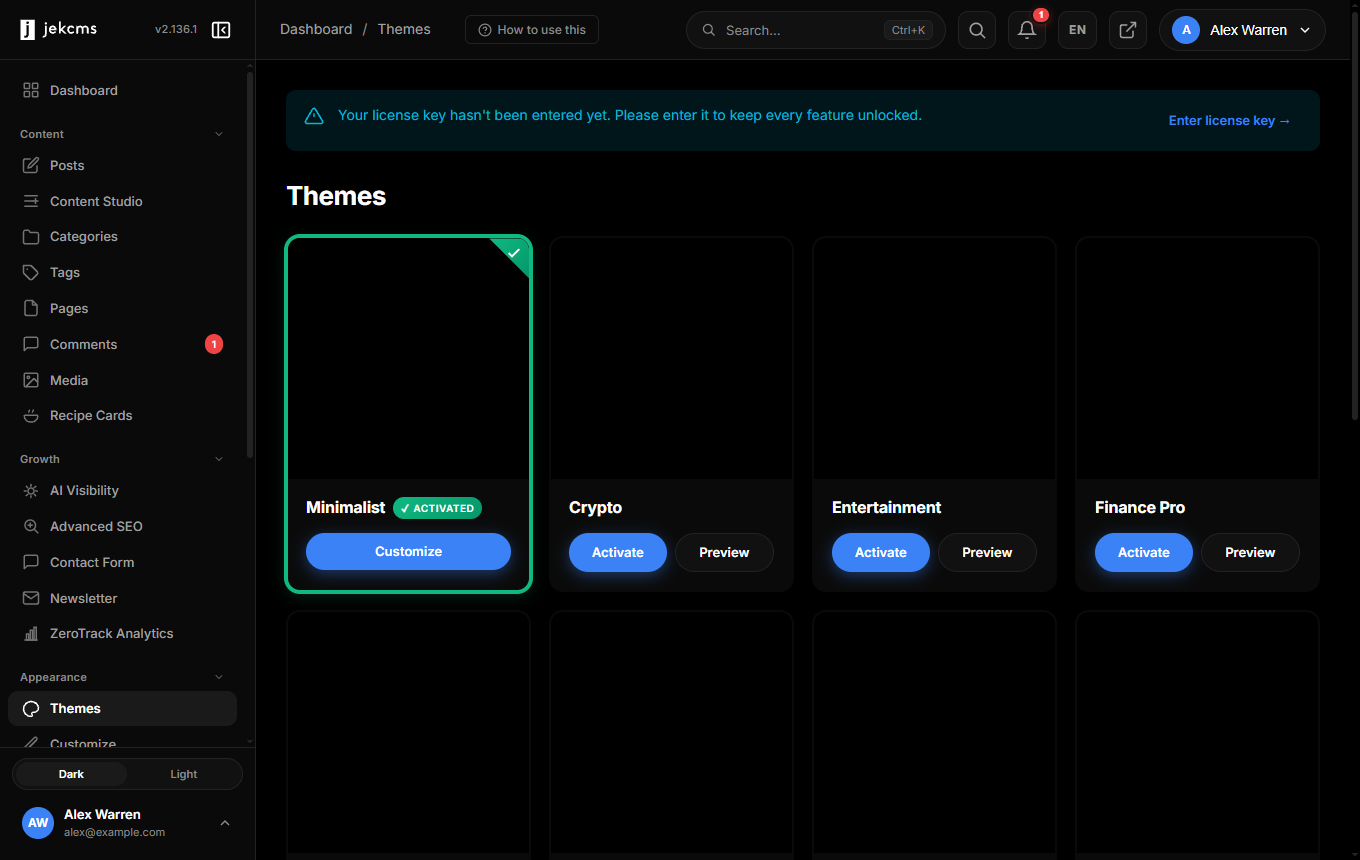 The themes screen with the active theme marked and the rest offering Activate or Preview