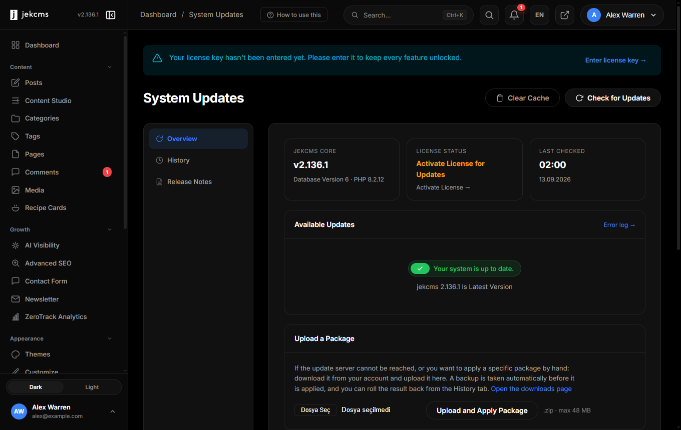 The updates screen showing current version, database version and PHP version