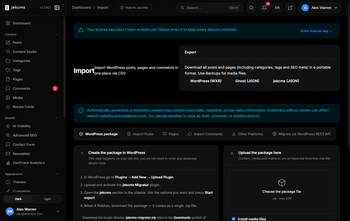 The import screen with the WordPress package option