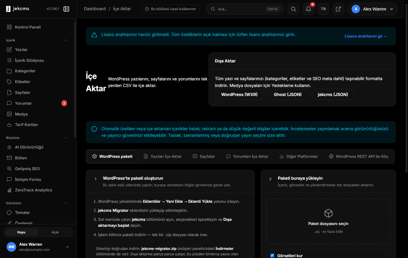 WordPress paketi seçeneğiyle içe aktarma ekranı